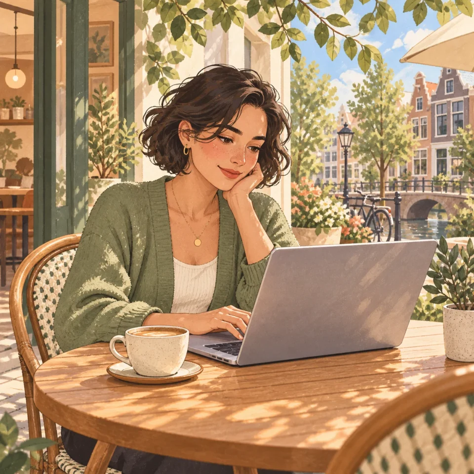Illustratie van een klant die op een terras haar laptop gebruikt
