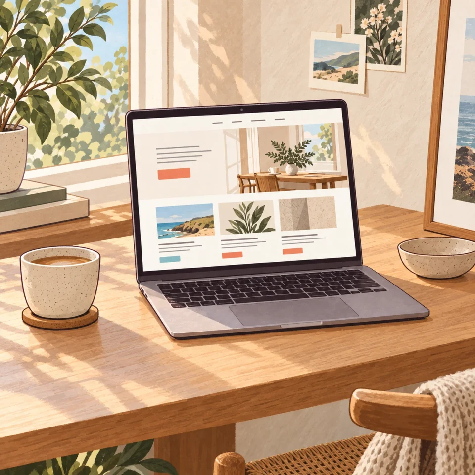 Illustratie van een lichte werkplek met een website op een laptop